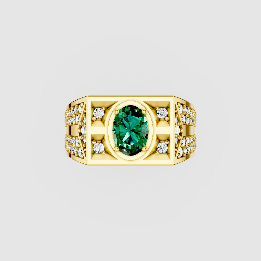 Arabella – Oval Emerald Men's Ring with Moissanite Accents in 18KT Gold