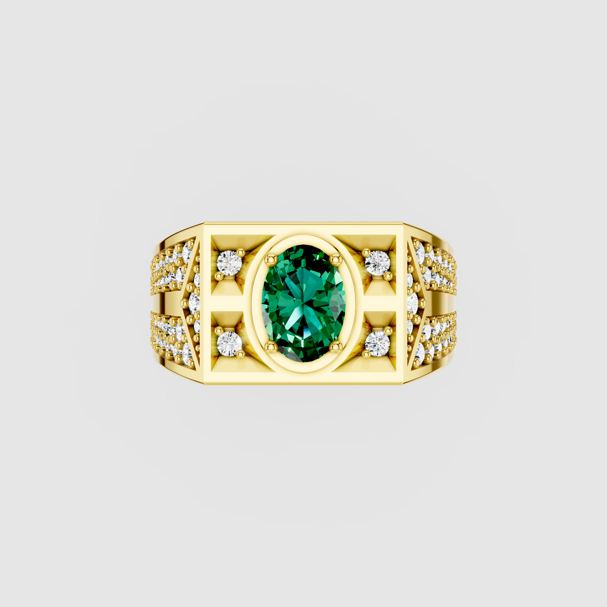 Arabella – Oval Emerald Men's Ring with Moissanite Accents in 18KT Gold