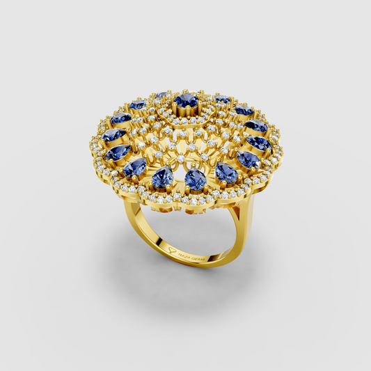 Adeline - Solid 18K Gold Pear Blue Sapphire & Pavé Moissanite Sunburst Ring