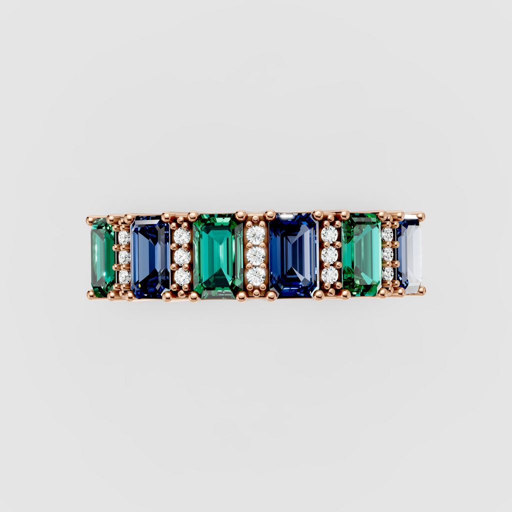 Evelyn - 18K Gold Emerald-Cut Emerald & Blue Sapphire Moissanite Band