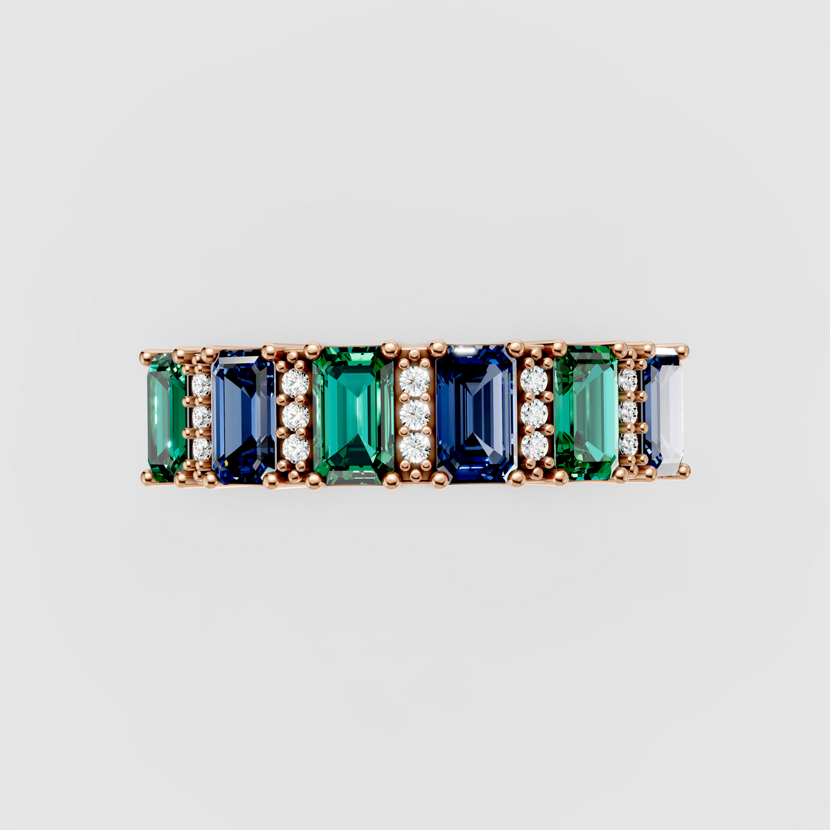 Evelyn - 18K Gold Emerald-Cut Emerald & Blue Sapphire Moissanite Band