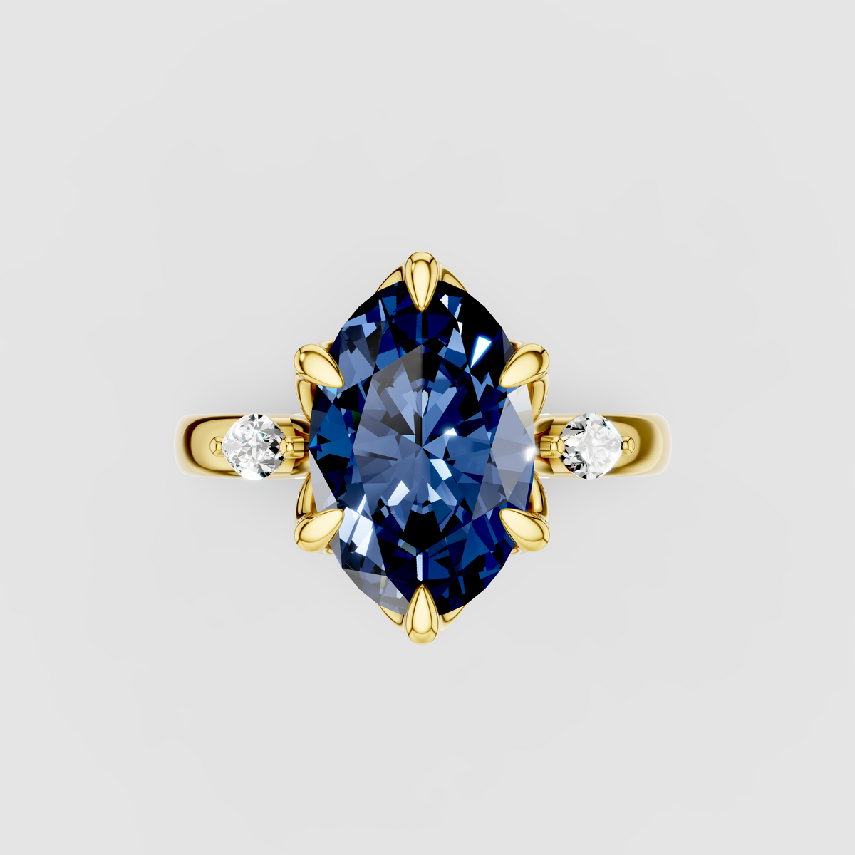 Charlotte - Solid 18K Gold Oval Blue Sapphire with Marquise Moissanite Side Stones"