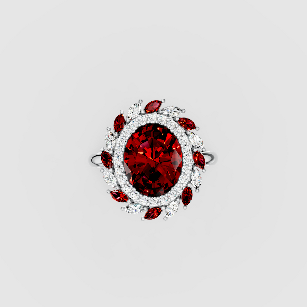 Olivia - Solid 18K Gold Oval Ruby & Marquise Moissanite Cluster Ring