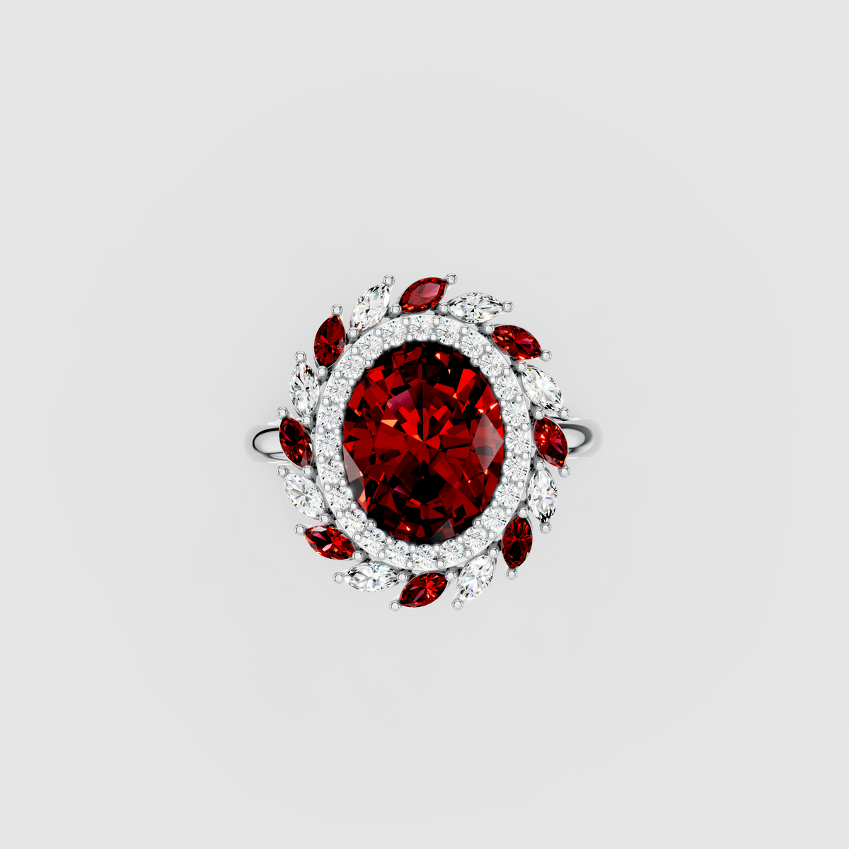 Olivia - Solid 18K Gold Oval Ruby & Marquise Moissanite Cluster Ring