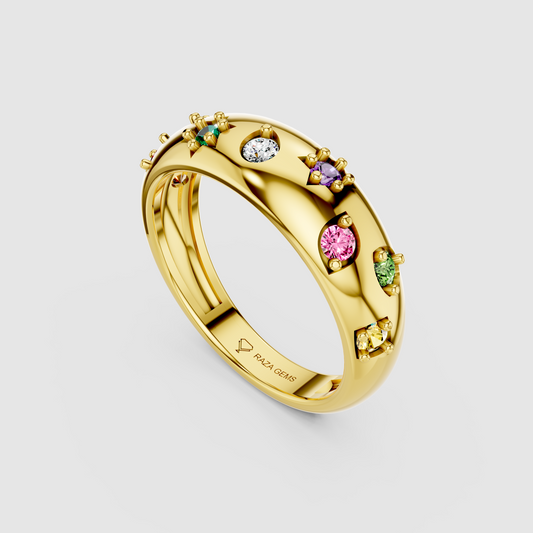 Maisie – Starburst Multi-Color Gemstone Dome Band in 18KT Gold