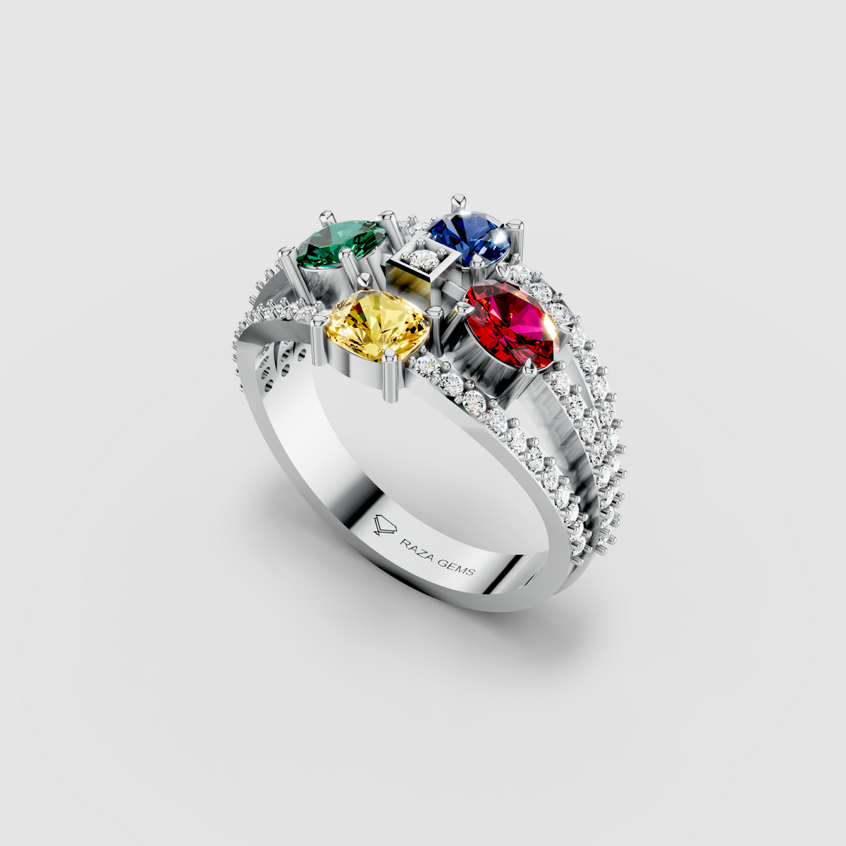 Olivia - Solid 18K Gold Sapphire, Emerald, Ruby & Moissanite Ring