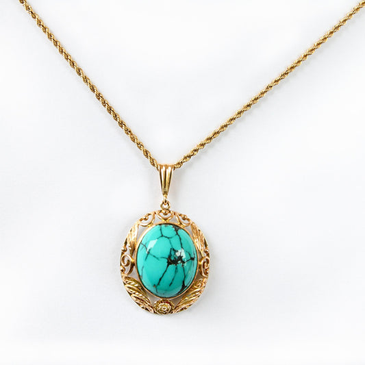 Turquoise Stone With 18K Yellow Gold Oval Shape Pendant (PEN0157)