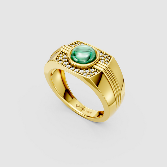 Phoebe – Natural Round Malachite & Moissanite Men's Ring in 18KT Gold