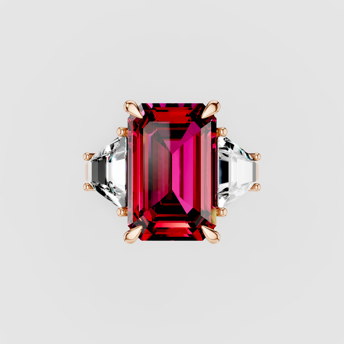 Olivia - 18K Gold Three-Stone Ruby & Moissanite Engagement Ring"