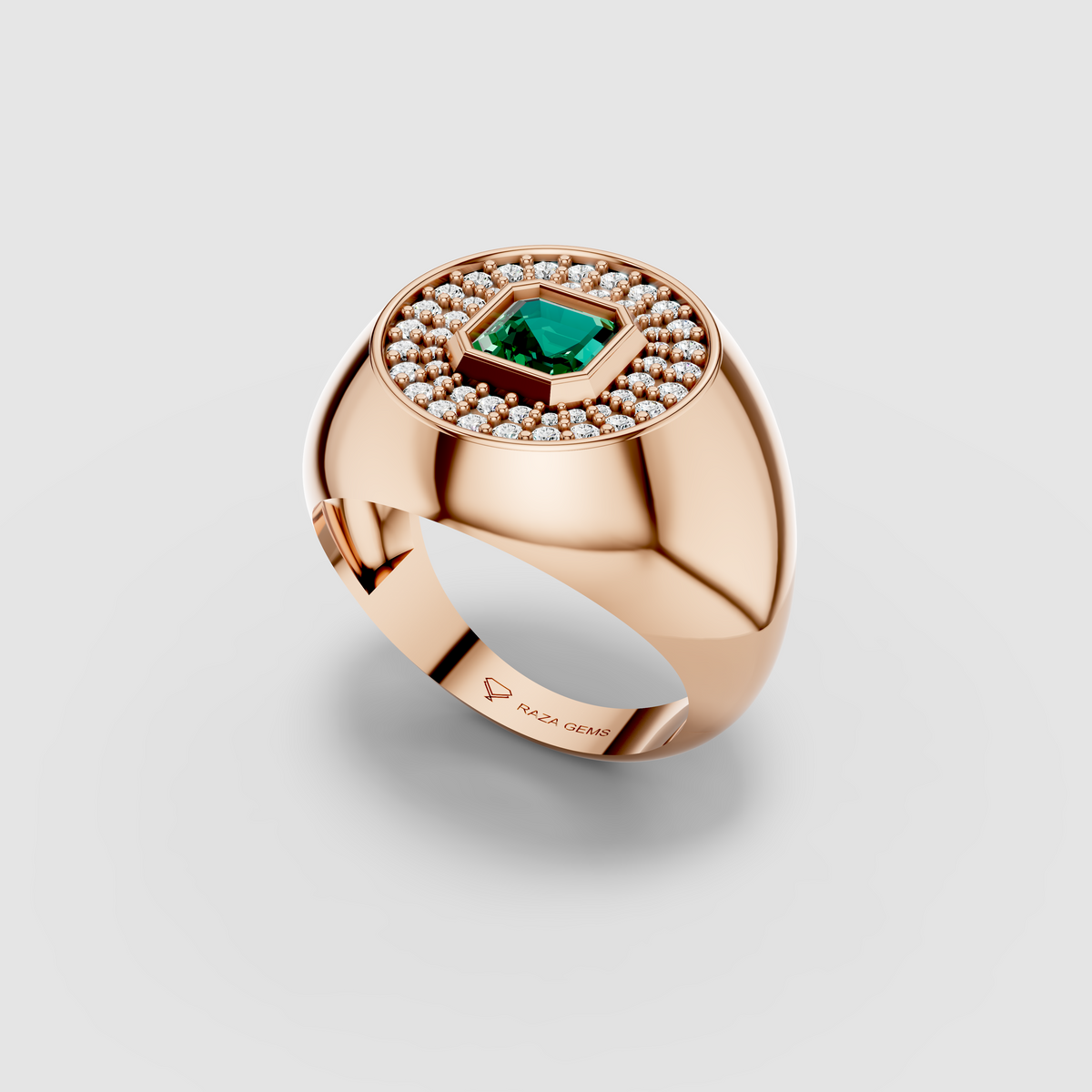 Sophia - 18K Gold Emerald & Circular Moissanite Halo Dome Rin