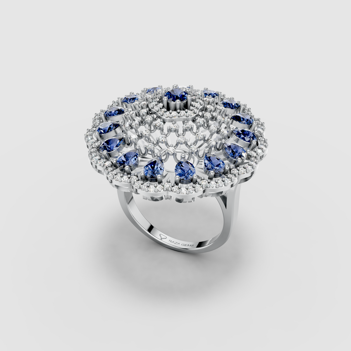 Adeline - Solid 18K Gold Pear Blue Sapphire & Pavé Moissanite Sunburst Ring