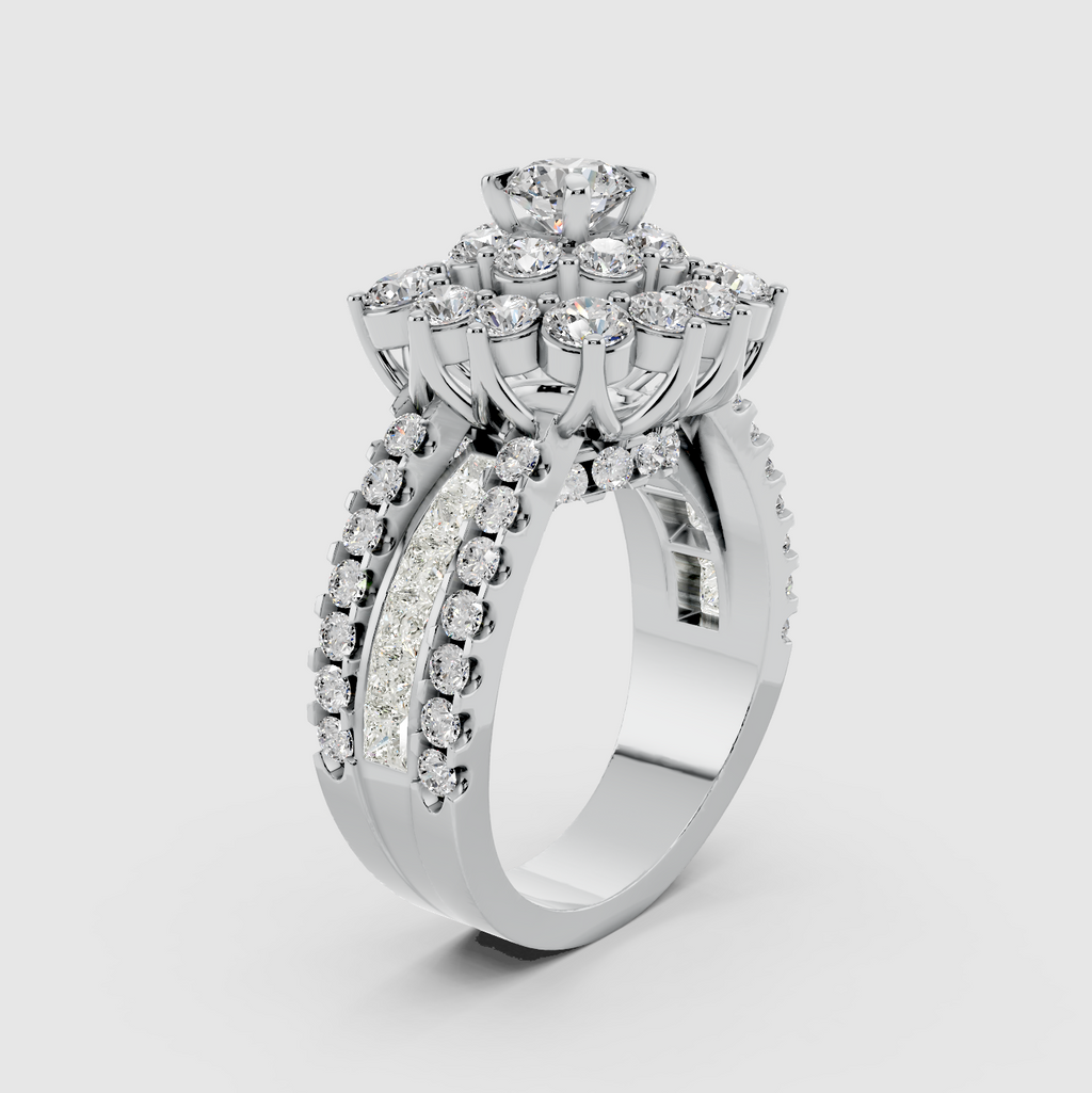 Elsie - 18K Solid Gold Flower Cluster Moissanite Statement Ring with Triple-Row Band
