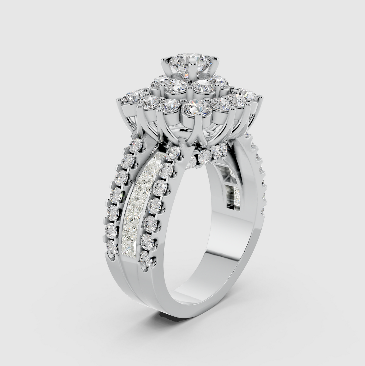 Elsie - 18K Solid Gold Flower Cluster Moissanite Statement Ring with Triple-Row Band