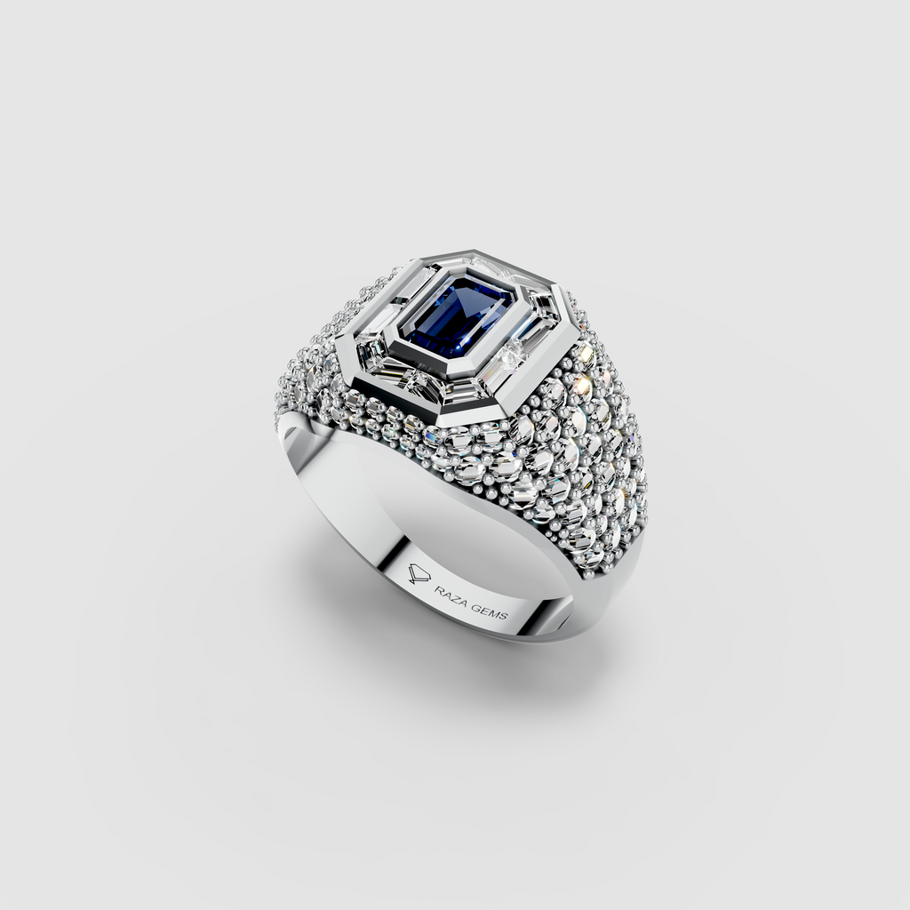 Adeline - Solid 18K Gold Emerald-Cut Sapphire with Baguette & Pavé Moissanite Halo Ring
