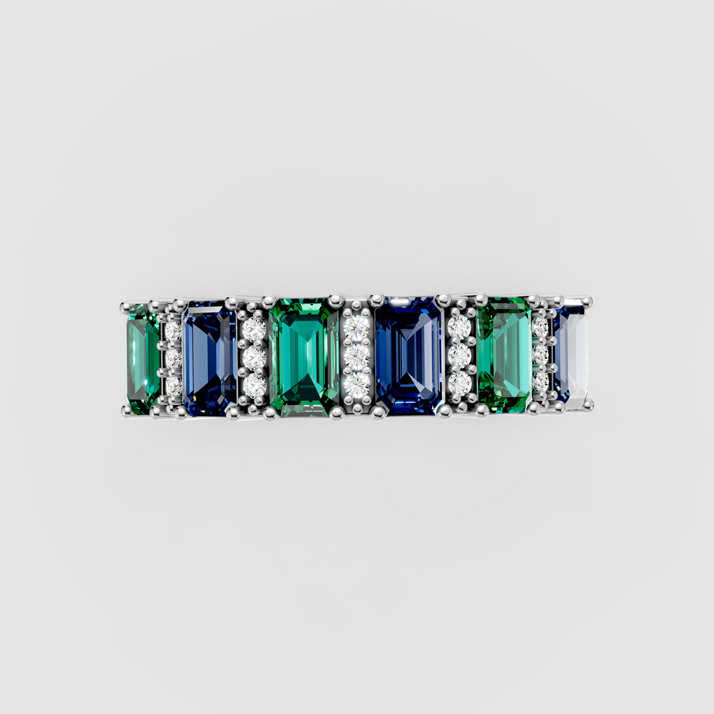 Evelyn - 18K Gold Emerald-Cut Emerald & Blue Sapphire Moissanite Band