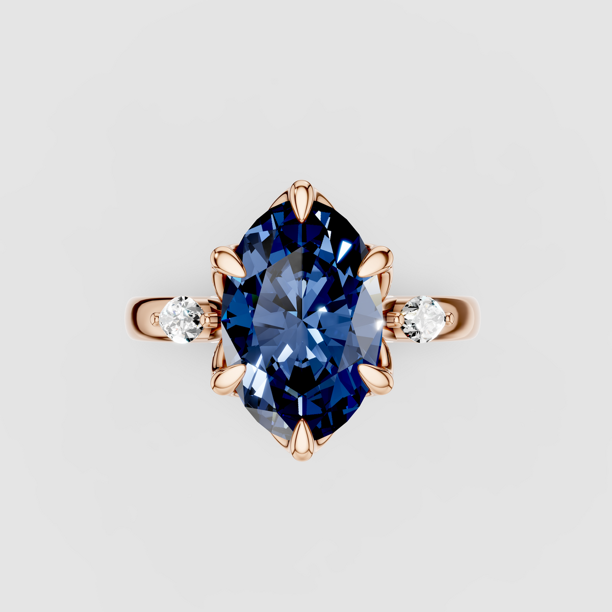Charlotte - Solid 18K Gold Oval Blue Sapphire with Marquise Moissanite Side Stones"
