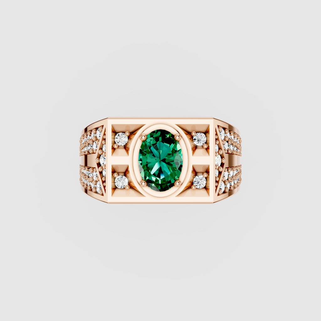Arabella – Oval Emerald Men's Ring with Moissanite Accents in 18KT Gold