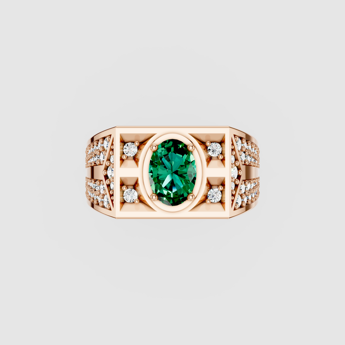 Arabella – Oval Emerald Men's Ring with Moissanite Accents in 18KT Gold