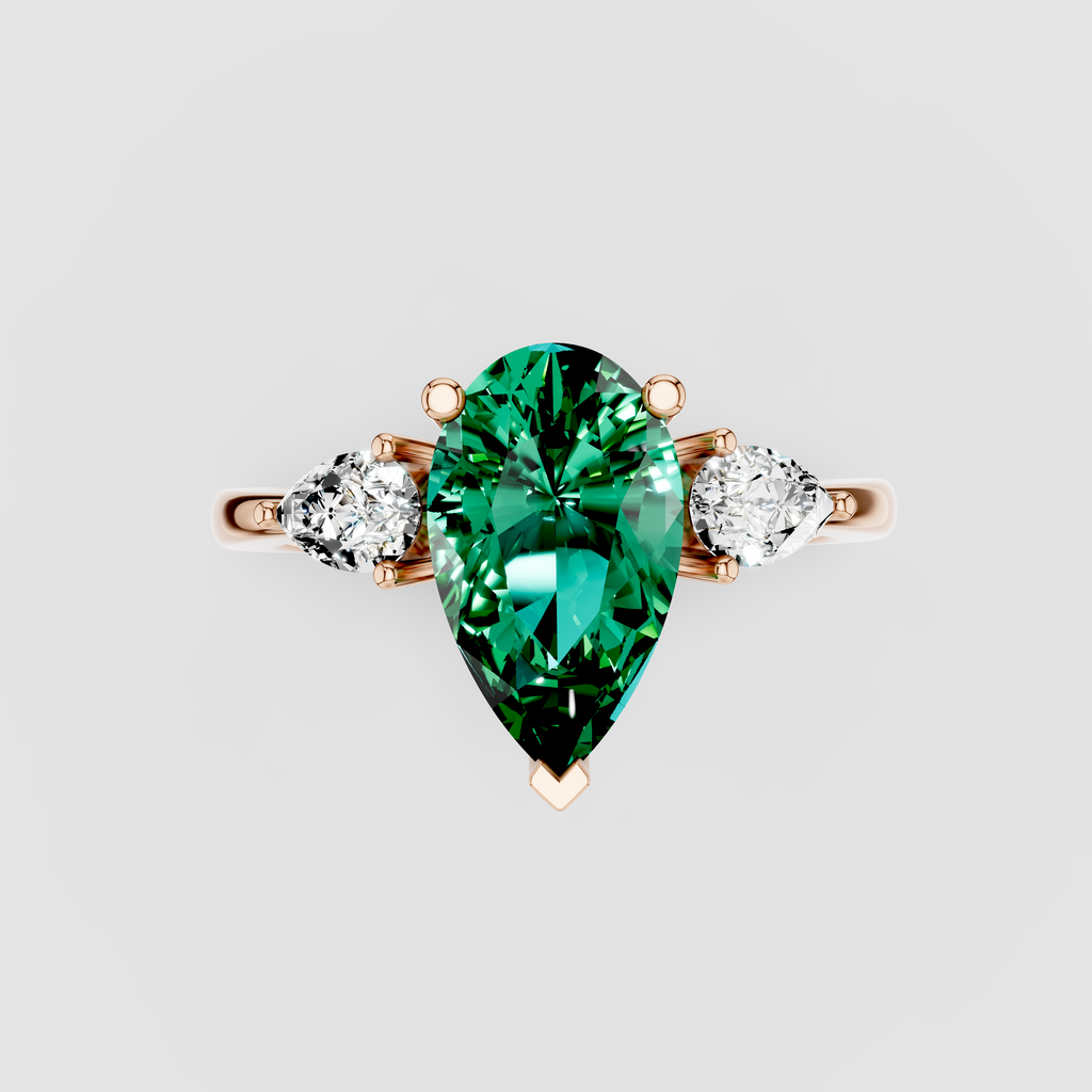 Sophia - Solid 18K Gold Pear Emerald with Pear Moissanite Side Stones