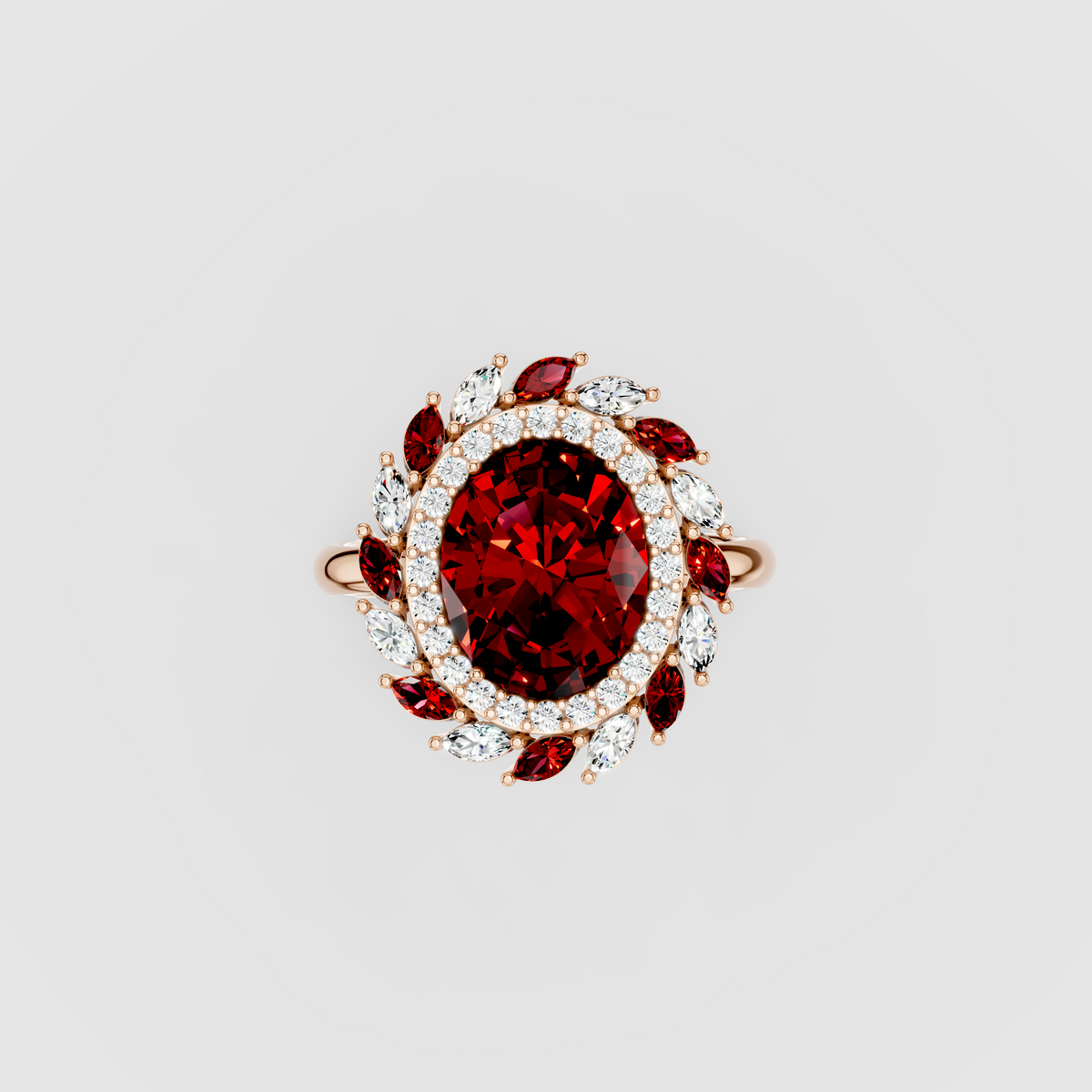 Olivia - Solid 18K Gold Oval Ruby & Marquise Moissanite Cluster Ring