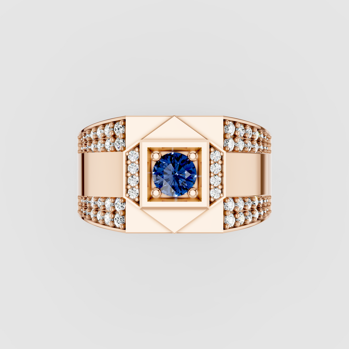 Hazel - Solid 18K Gold Blue Sapphire Square Focal & Pavé Moissanite Band