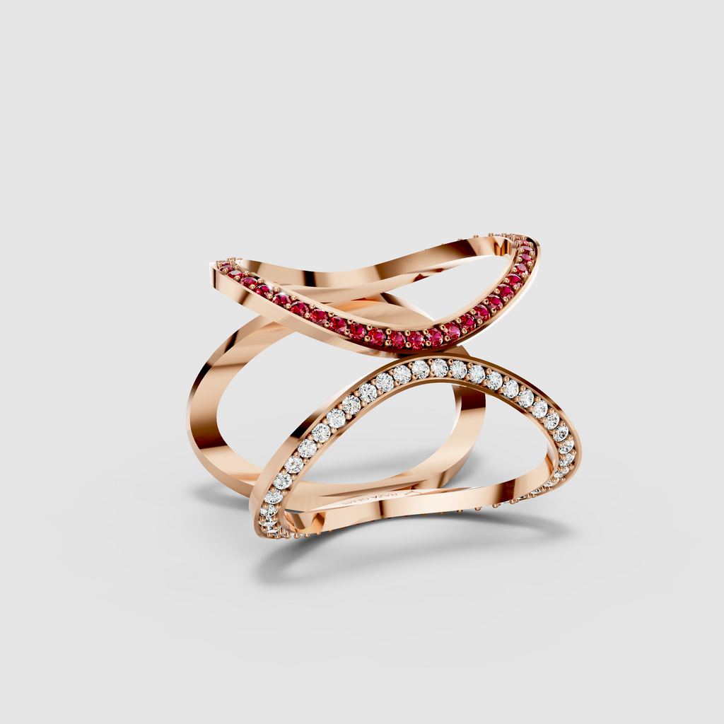 Sophia - 18K Gold Pavé Emerald, Ruby & Moissanite Cage Ring