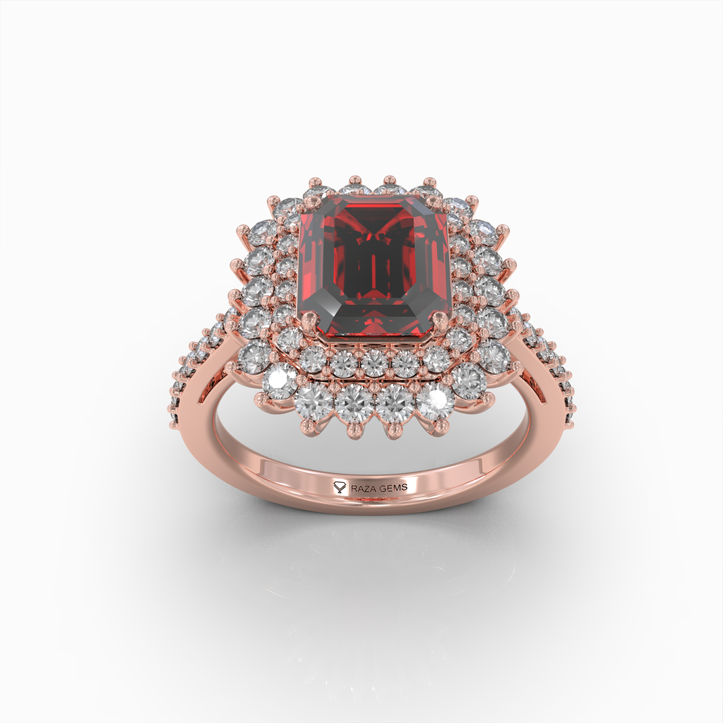 Cally - 18K Solid Gold Natural Ruby Double Halo Ring with Sparkling Moissanite Band | Yellow, White & Rose Gold