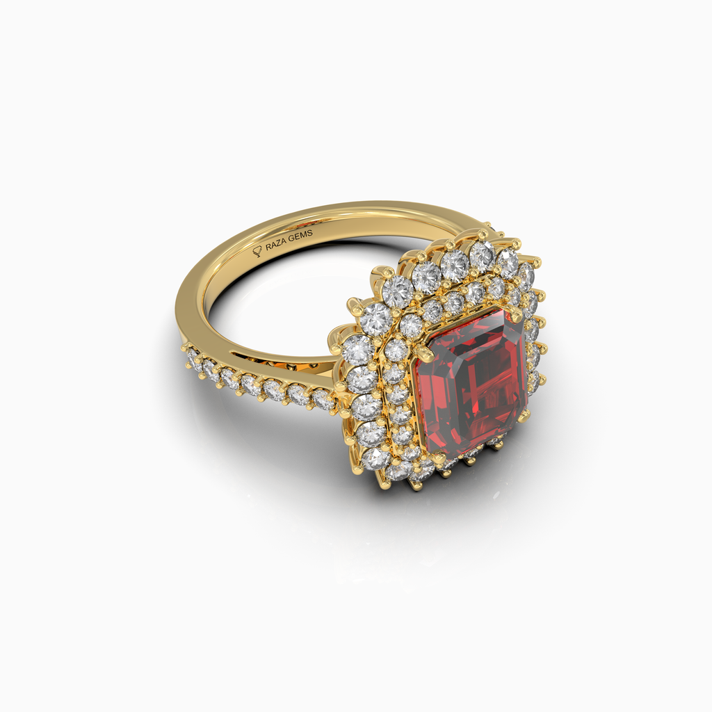 Cally - 18K Solid Gold Natural Ruby Double Halo Ring with Sparkling Moissanite Band | Yellow, White & Rose Gold