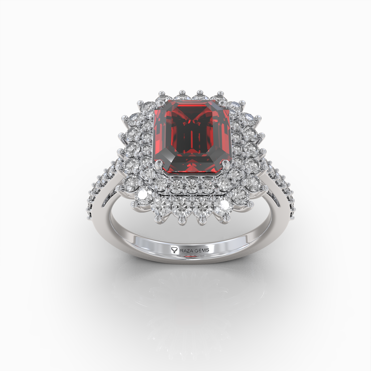 Cally - 18K Solid Gold Natural Ruby Double Halo Ring with Sparkling Moissanite Band | Yellow, White & Rose Gold