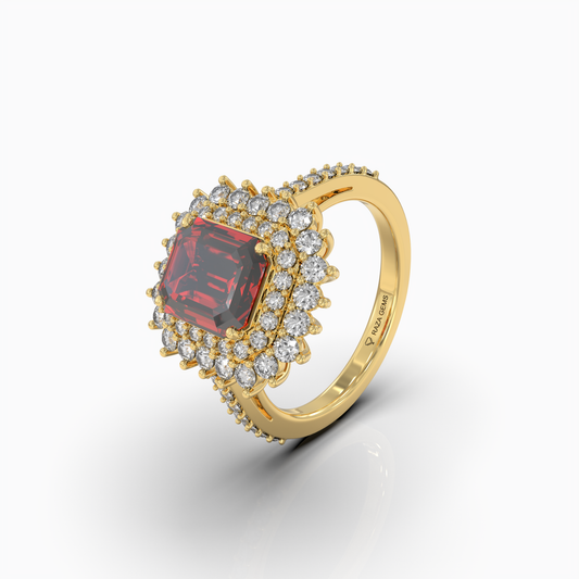 Cally - 18K Solid Gold Natural Ruby Double Halo Ring with Sparkling Moissanite Band | Yellow, White & Rose Gold