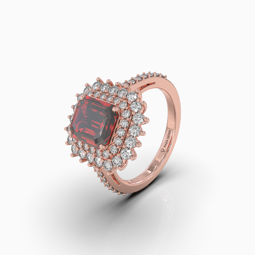 Cally - 18K Solid Gold Natural Ruby Double Halo Ring with Sparkling Moissanite Band | Yellow, White & Rose Gold