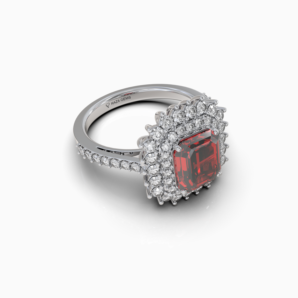 Cally - 18K Solid Gold Natural Ruby Double Halo Ring with Sparkling Moissanite Band | Yellow, White & Rose Gold