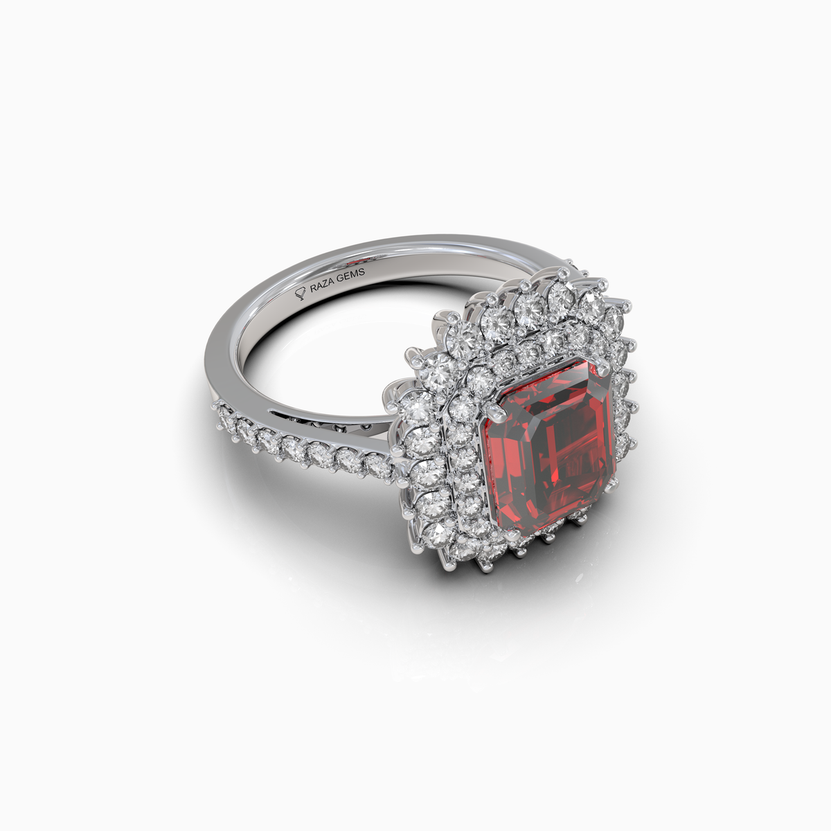 Cally - 18K Solid Gold Natural Ruby Double Halo Ring with Sparkling Moissanite Band | Yellow, White & Rose Gold