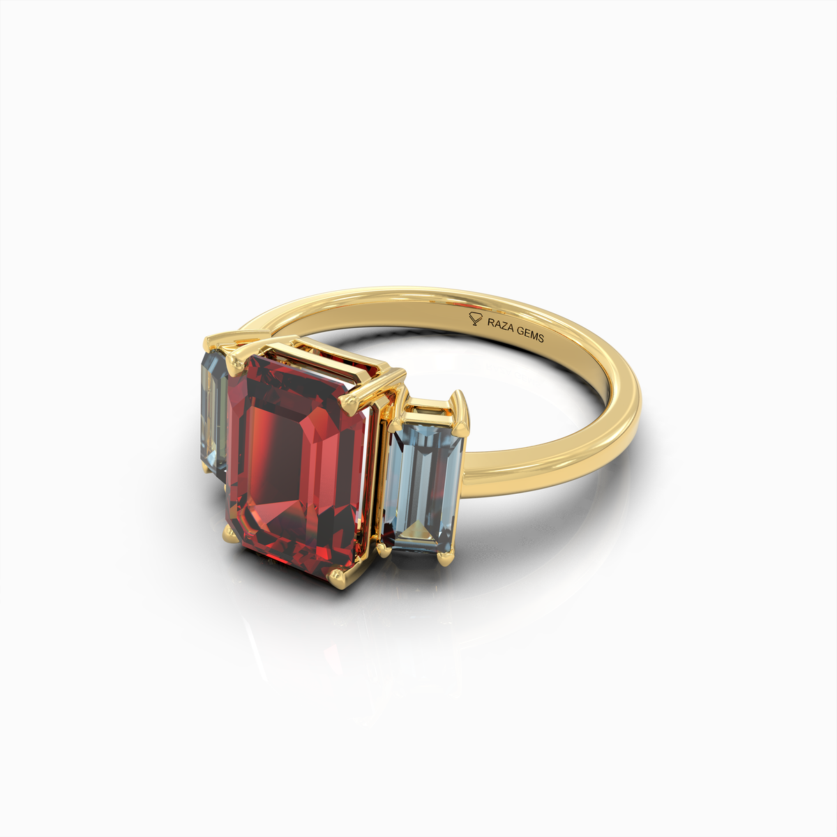 Charmaine - 18K Gold Emerald-Cut Natural Almandine Garnet Ring with Blue-Grey Zircon Accents | Yellow, White & Rose Gold