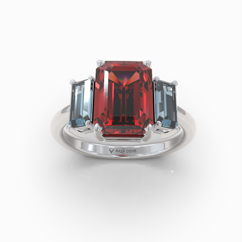 Charmaine - 18K Gold Emerald-Cut Natural Almandine Garnet Ring with Blue-Grey Zircon Accents | Yellow, White & Rose Gold