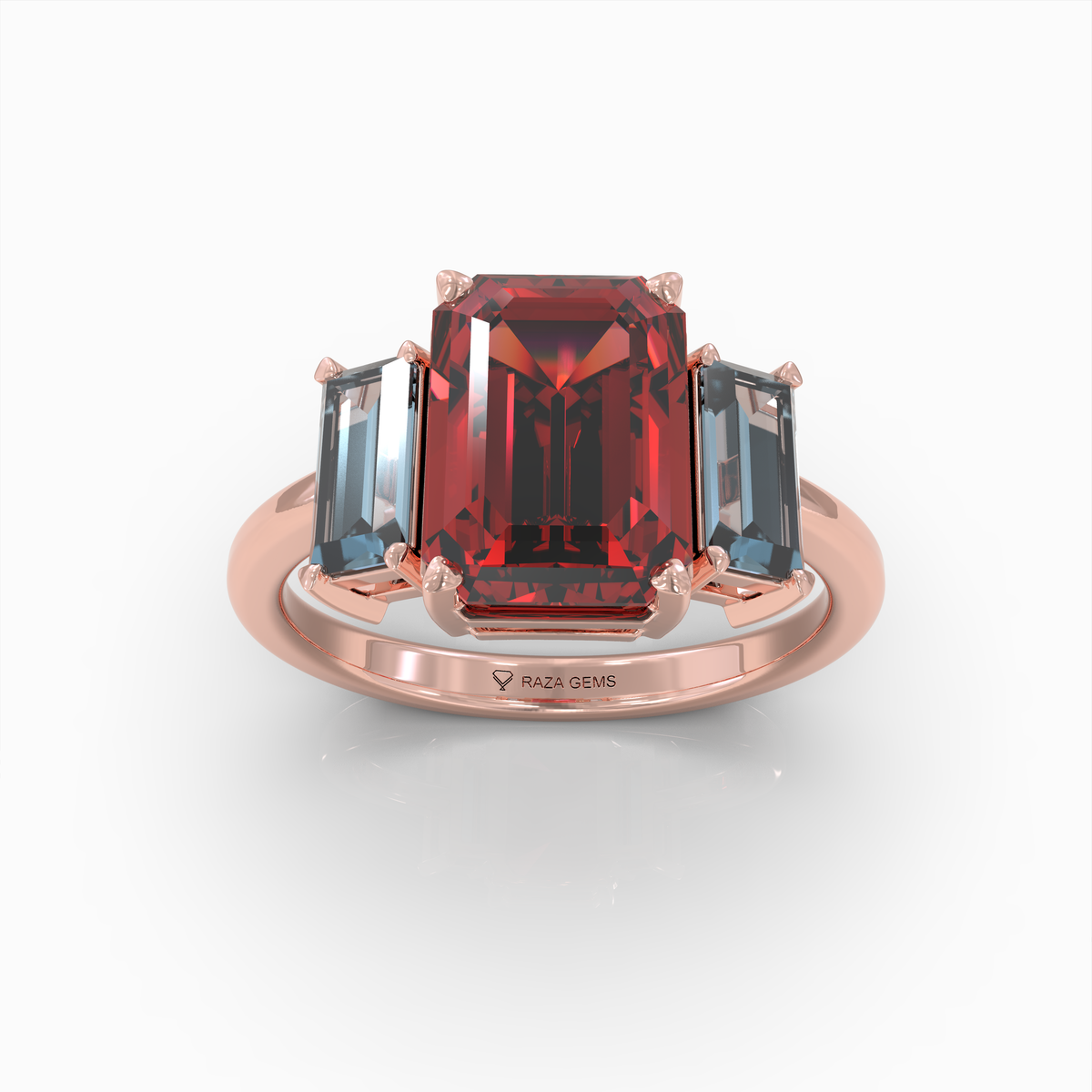 Charmaine - 18K Gold Emerald-Cut Natural Almandine Garnet Ring with Blue-Grey Zircon Accents | Yellow, White & Rose Gold