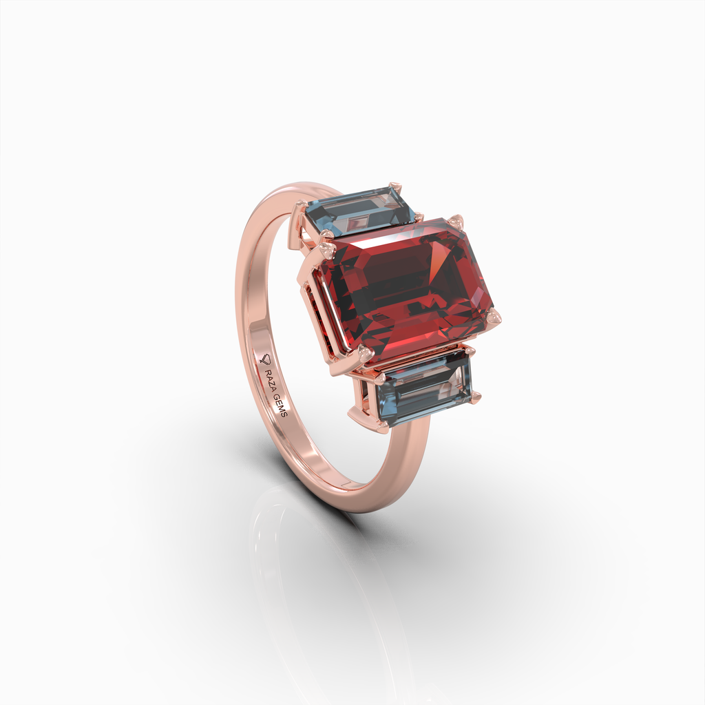 Charmaine - 18K Gold Emerald-Cut Natural Almandine Garnet Ring with Blue-Grey Zircon Accents | Yellow, White & Rose Gold