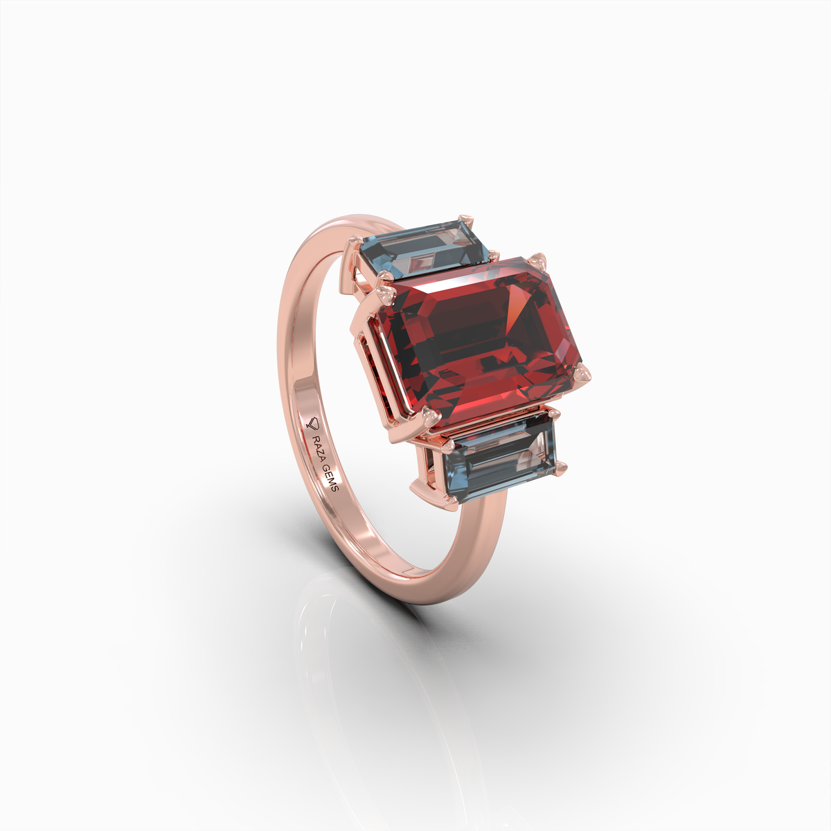 Charmaine - 18K Gold Emerald-Cut Natural Almandine Garnet Ring with Blue-Grey Zircon Accents | Yellow, White & Rose Gold