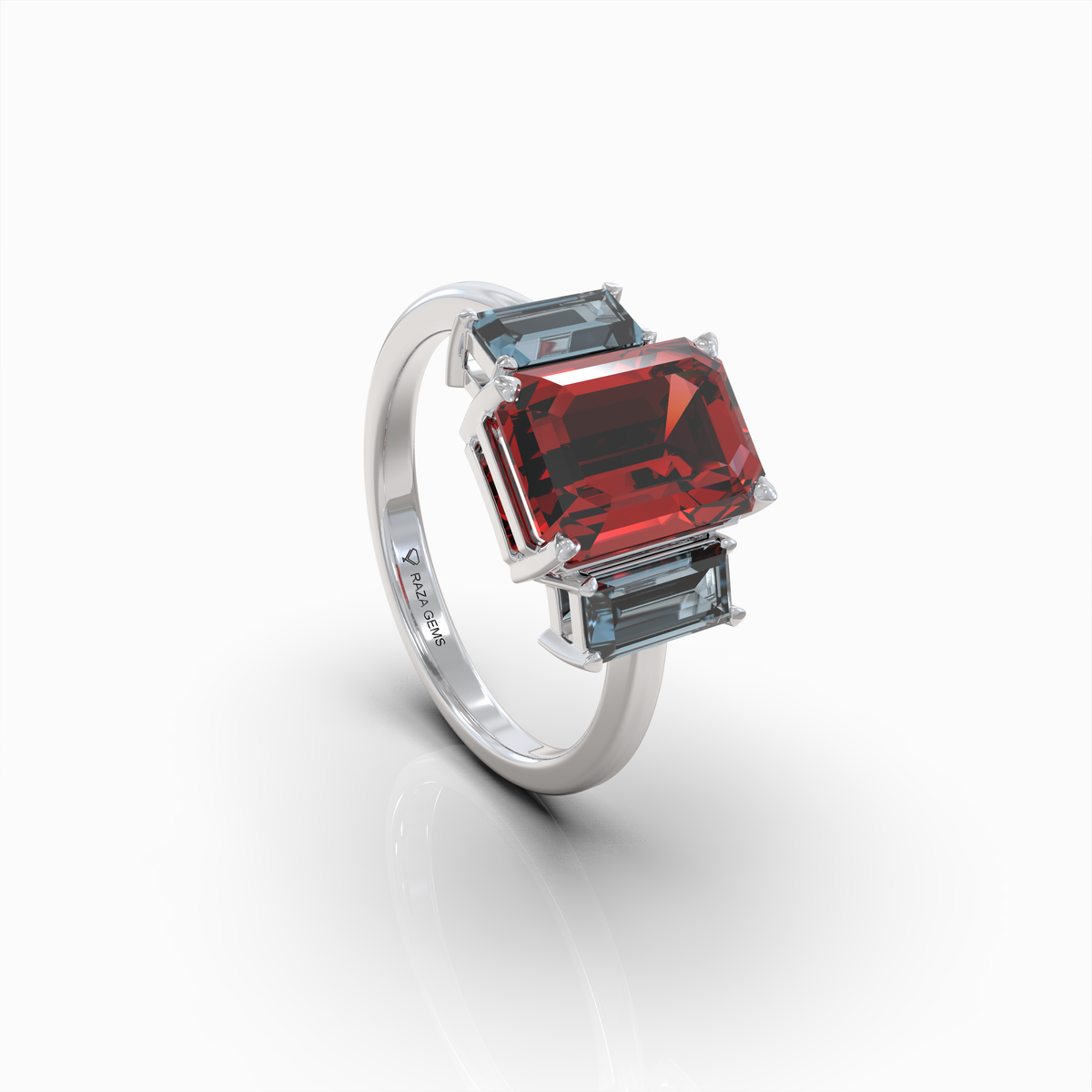 Charmaine - 18K Gold Emerald-Cut Natural Almandine Garnet Ring with Blue-Grey Zircon Accents | Yellow, White & Rose Gold