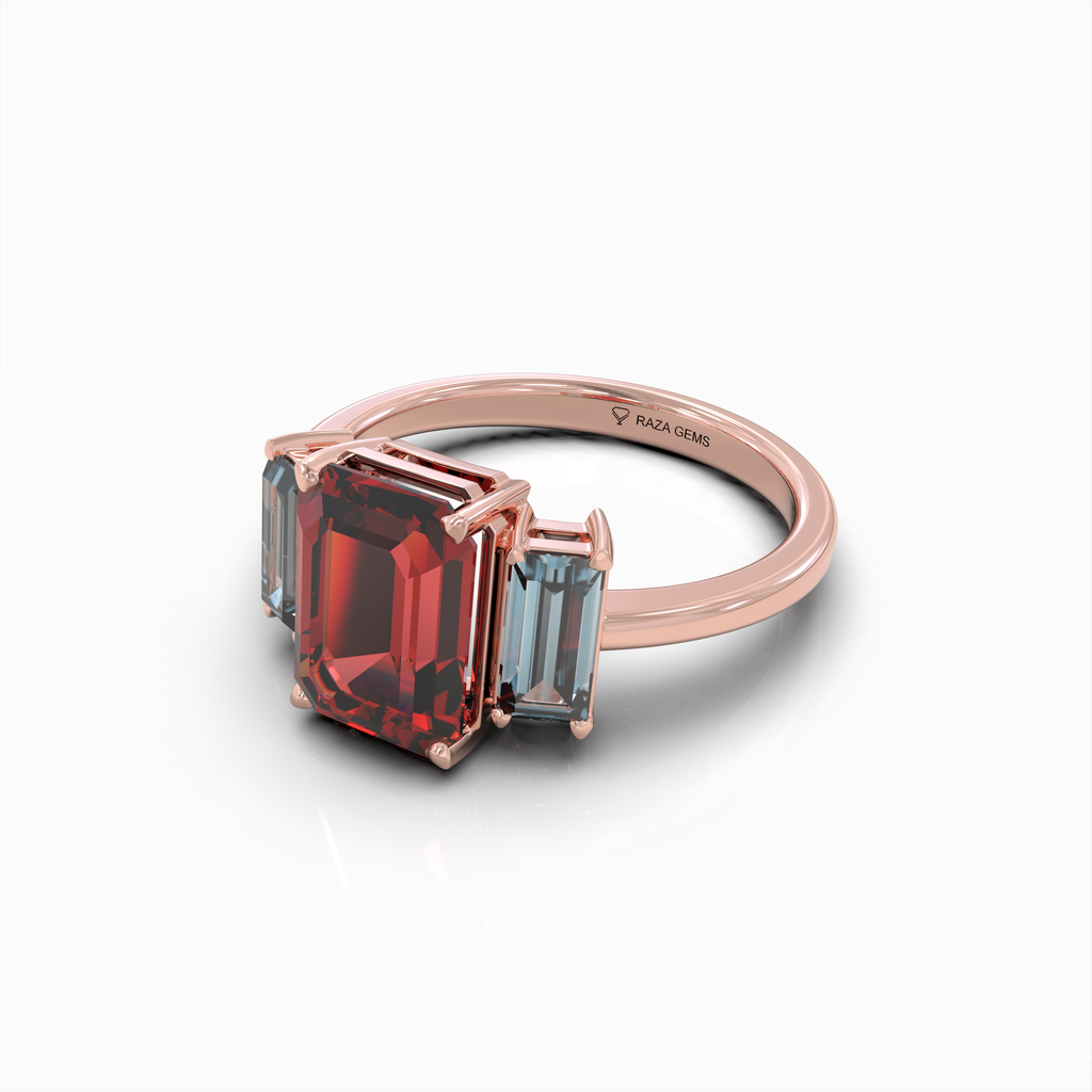 Charmaine - 18K Gold Emerald-Cut Natural Almandine Garnet Ring with Blue-Grey Zircon Accents | Yellow, White & Rose Gold