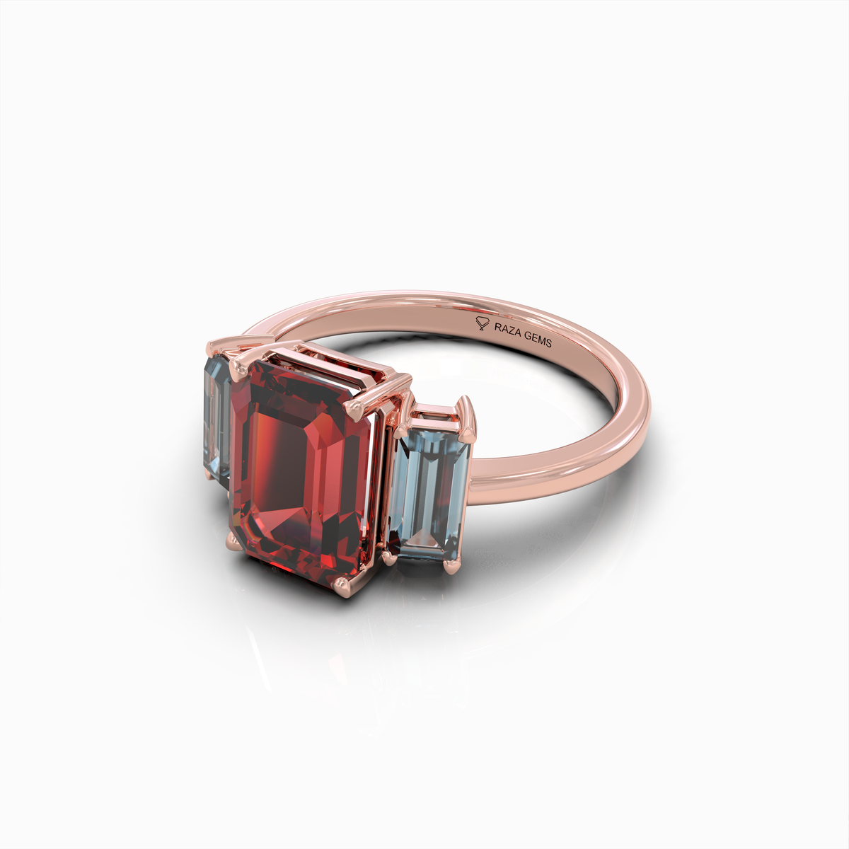 Charmaine - 18K Gold Emerald-Cut Natural Almandine Garnet Ring with Blue-Grey Zircon Accents | Yellow, White & Rose Gold