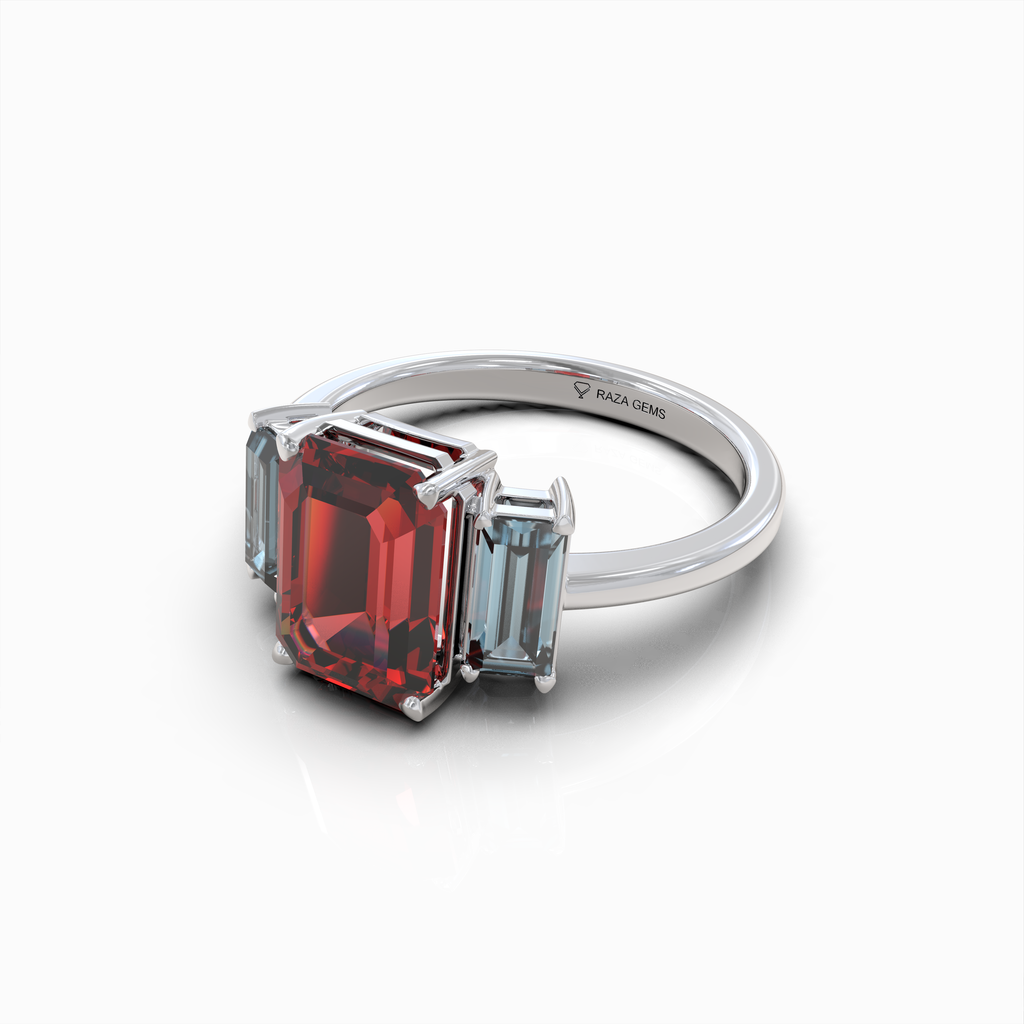 Charmaine - 18K Gold Emerald-Cut Natural Almandine Garnet Ring with Blue-Grey Zircon Accents | Yellow, White & Rose Gold