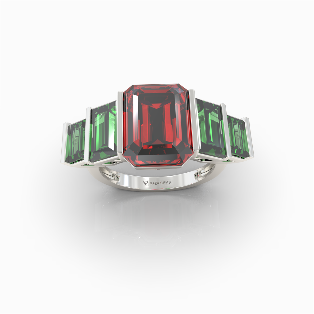 Bronwyn - 18K Gold Five-Stone Emerald-Cut Ruby with Emerald Side Stones | Yellow, White & Rose Gold