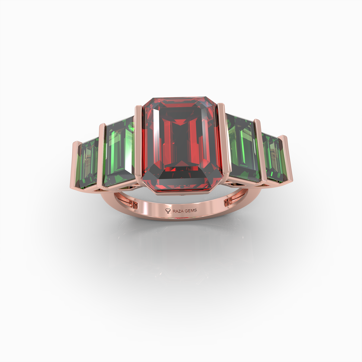 Bronwyn - 18K Gold Five-Stone Emerald-Cut Ruby with Emerald Side Stones | Yellow, White & Rose Gold