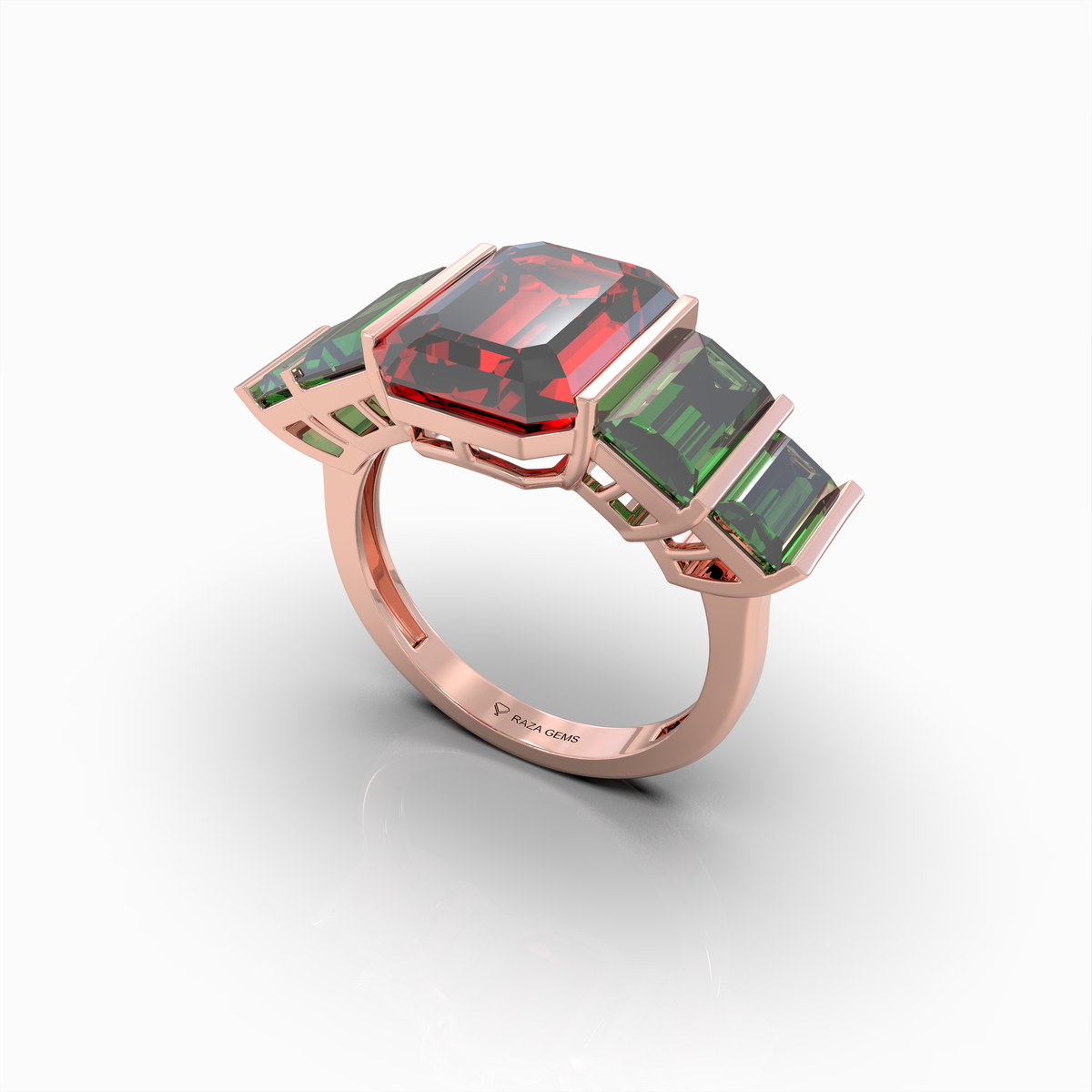 Bronwyn - 18K Gold Five-Stone Emerald-Cut Ruby with Emerald Side Stones | Yellow, White & Rose Gold