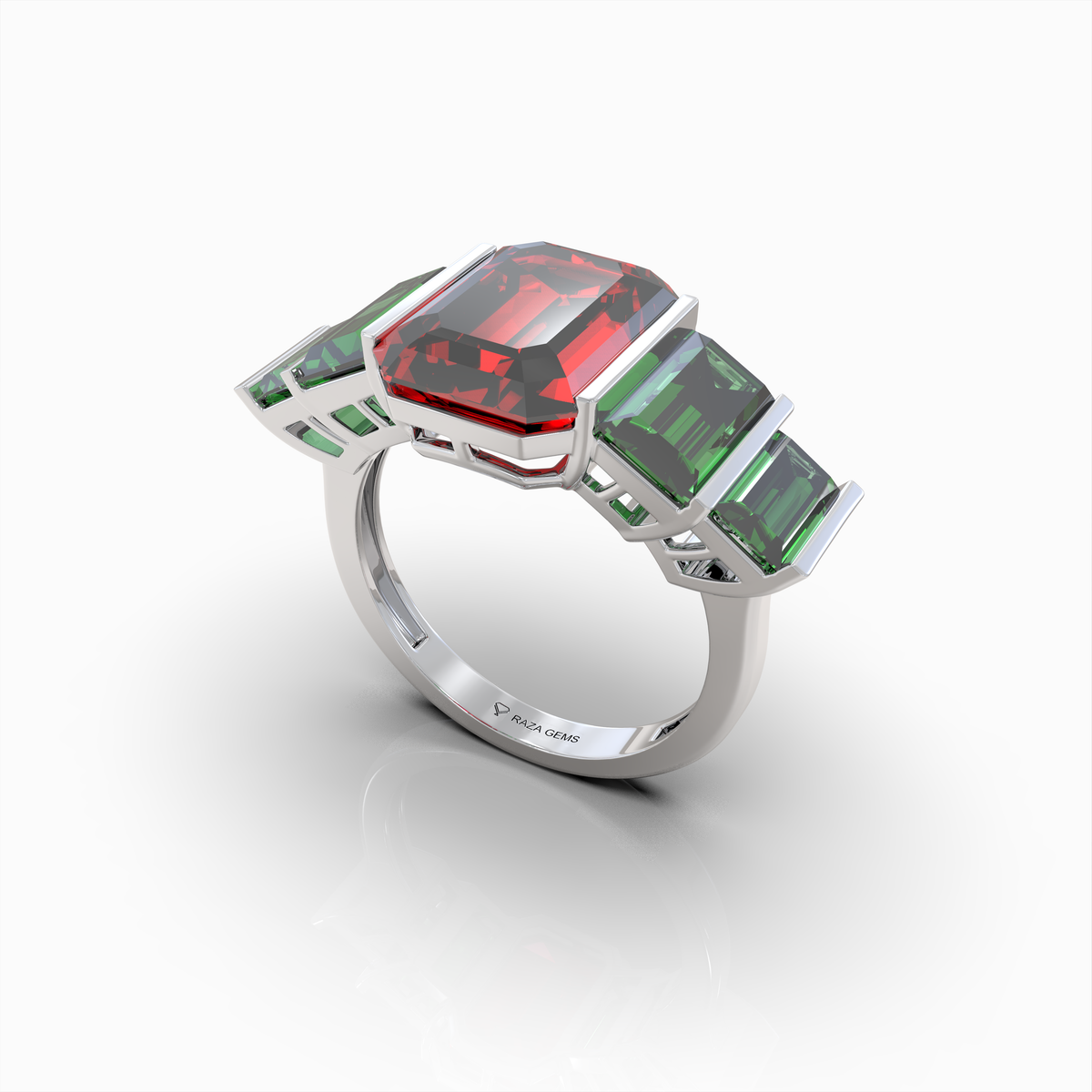 Bronwyn - 18K Gold Five-Stone Emerald-Cut Ruby with Emerald Side Stones | Yellow, White & Rose Gold