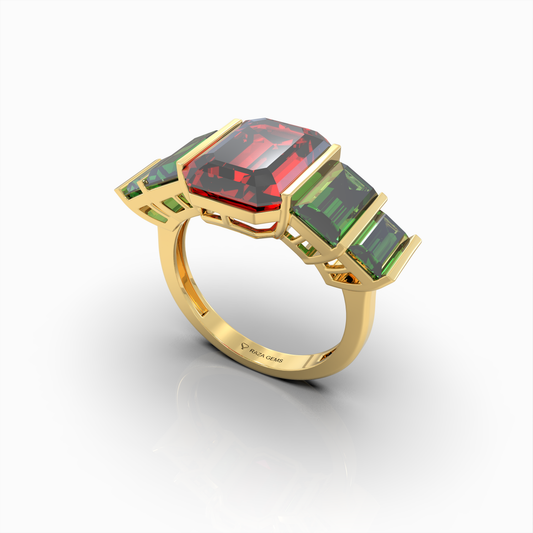 Bronwyn - 18K Gold Five-Stone Emerald-Cut Ruby with Emerald Side Stones | Yellow, White & Rose Gold