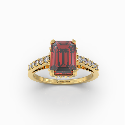 Amelia - 18K Solid Gold Emerald-Cut Natural Almandine Garnet Ring with Moissanite Band | Yellow, White & Rose Gold