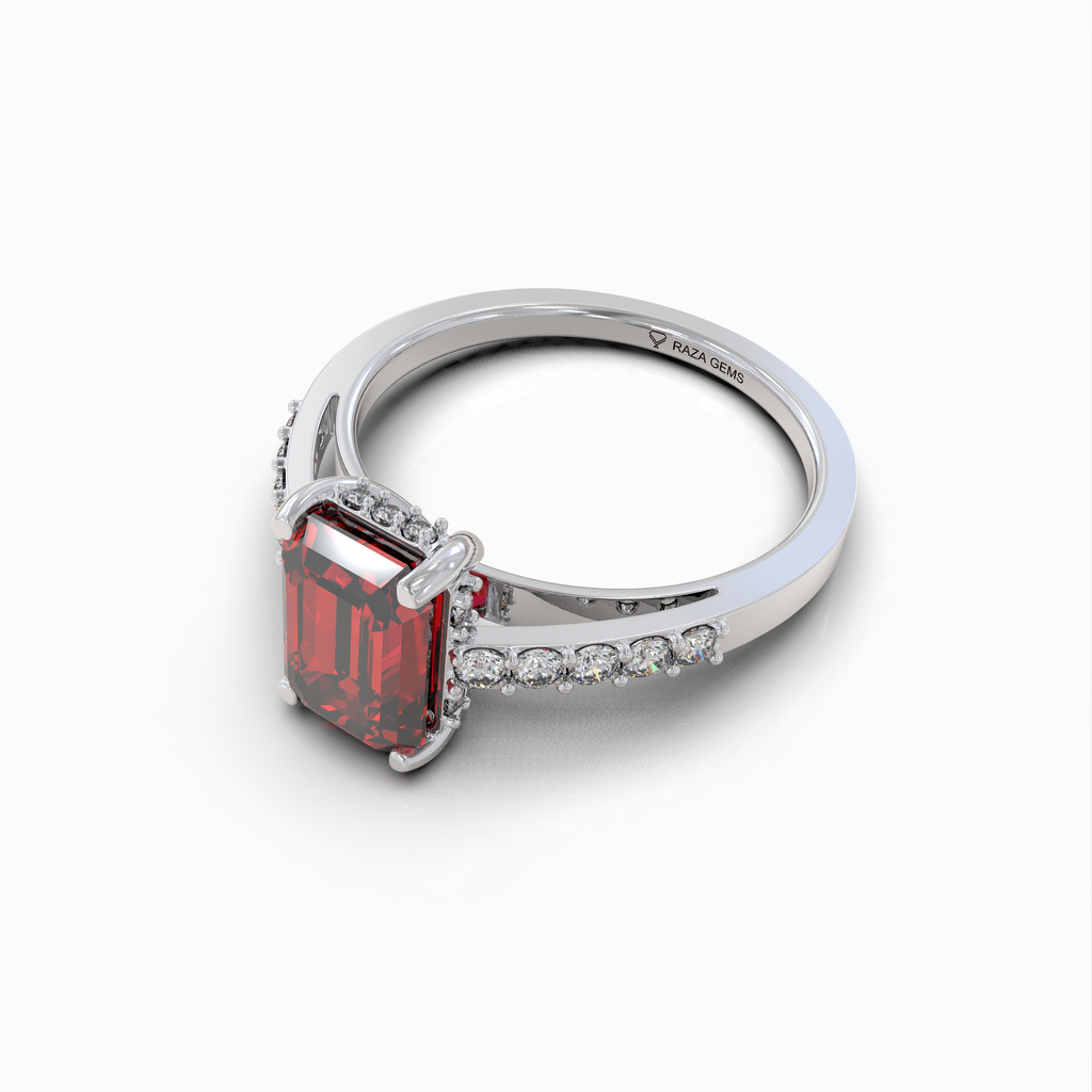 Amelia - 18K Solid Gold Emerald-Cut Natural Almandine Garnet Ring with Moissanite Band | Yellow, White & Rose Gold