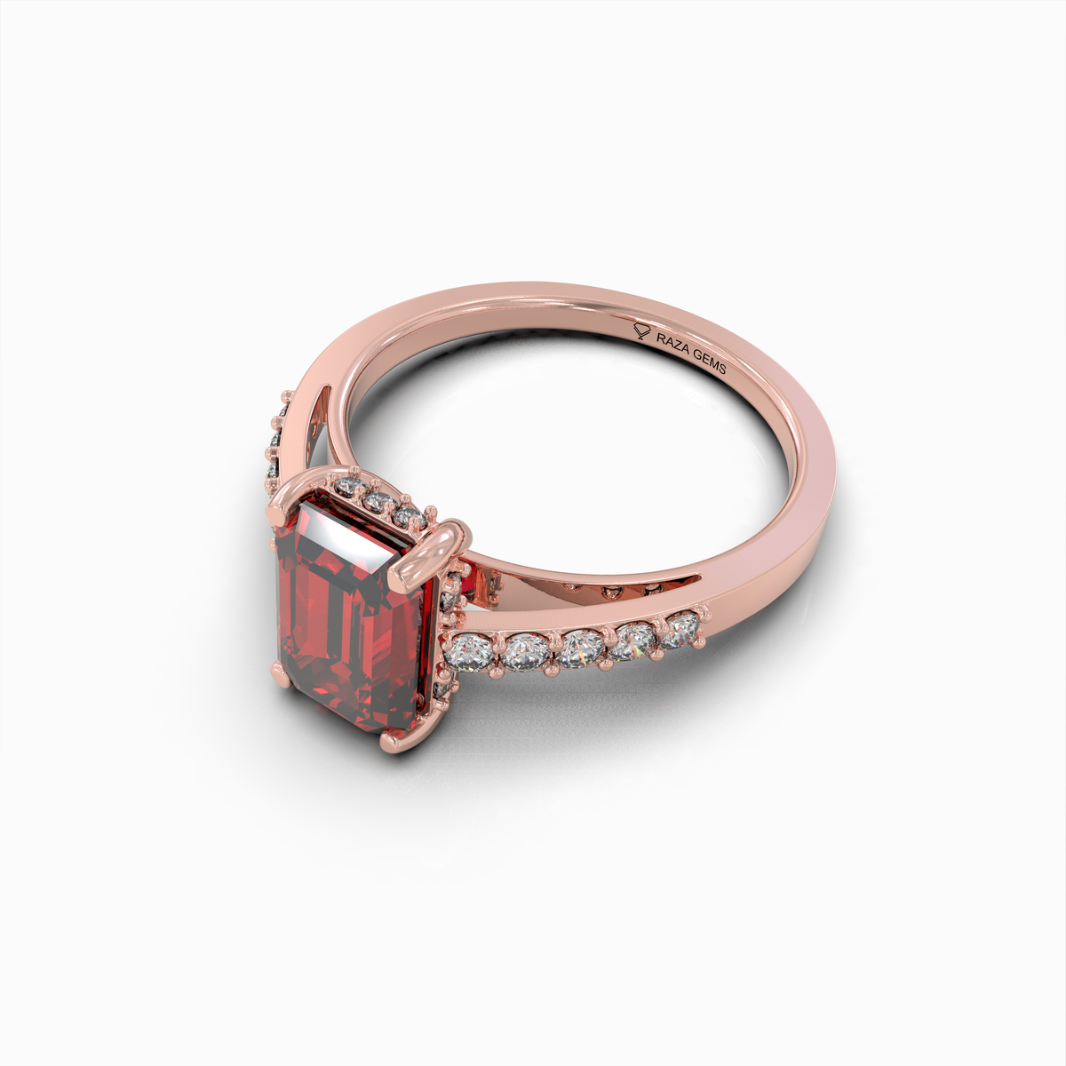 Amelia - 18K Solid Gold Emerald-Cut Natural Almandine Garnet Ring with Moissanite Band | Yellow, White & Rose Gold